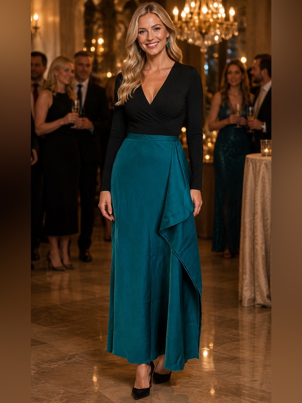 Trina Turk Teal Satin Draped Asymmetrical Long Midi Skirt